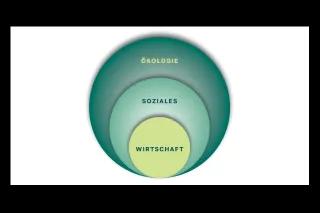 Es sind drei Kreise auf weißem Hintergrund abgebildet. Im äußeren Kreis steht Ökologie, im mittleren Soziales und im inneren Kreis Wirtschaft