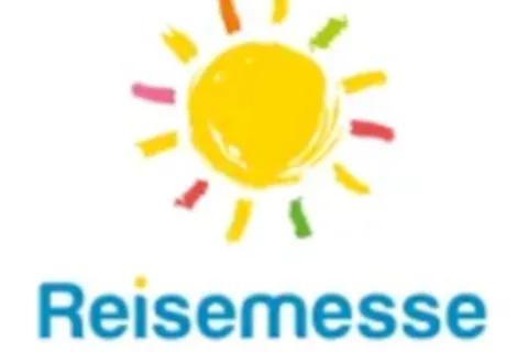 Eine gelbe Sonne auf weißem Hintergrund. Unter der Sonne steht das Wort Reisemesse.