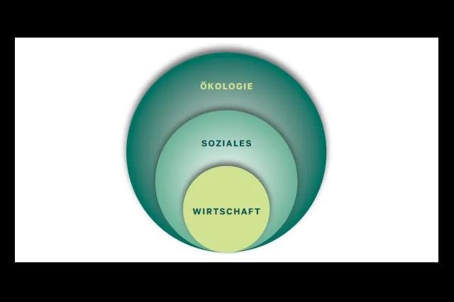 Es sind drei Kreise auf weißem Hintergrund abgebildet. Im äußeren Kreis steht Ökologie, im mittleren Soziales und im inneren Kreis Wirtschaft