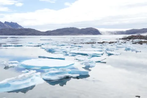Viele kleine Eisschollen treiben auf einer Wasseroberfläche. Im Hintergrund ist eine braune Hügellandschaft zu sehen. 