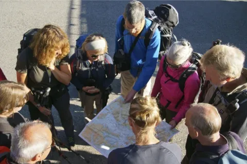 Eine Reiseleiterin steht mit ihrer Gruppe von Wanderern um eine Karte herum. Alle blicken auf die Karte, das Bild ist von oben aufgenommen. 