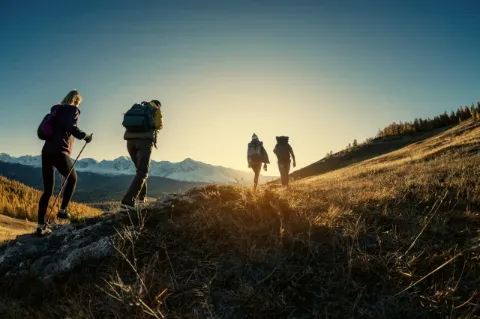 Vier Wanderer gehen einen Hang hoch. Die Sonne am Horizont geht unter und das gelbe Licht strahl die Wanderer an. 