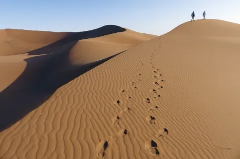 Blick auf eine hohe Düne aus Sand auf der die Spuren von Menschen die die Düne nach oben gehen zu sehen sind. Weit oben auf dem Kamm der Düne gehen zwei Personen.
