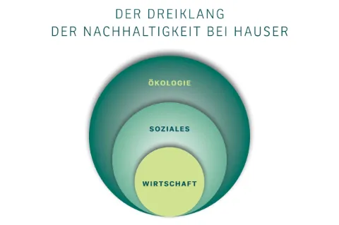 Drei überlappende Kreise in unterschiedlichen Grüntönen mit den jeweiligen Begriffen Wirtschaft, Soziales und Ökologie