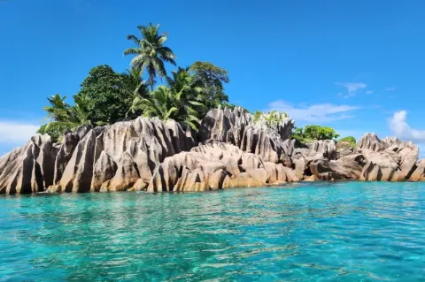 Blick auf eine kleine steinige Insel auf der grüne Palmen wachsen. Die Insel ist umgeben von blauem Meer. 