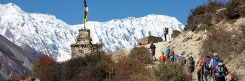 Eine Gruppe Wanderer steigt auf einem Pfad den Berg auf. In der Ferne sind schneebedeckte Gipfel. 