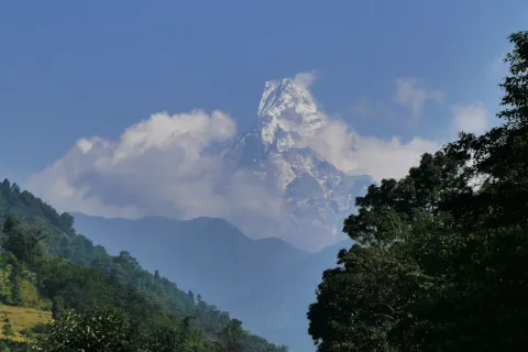 Berg umringt von Wolken unter blauem Himmel und grünen Bäumen im Vordergrund