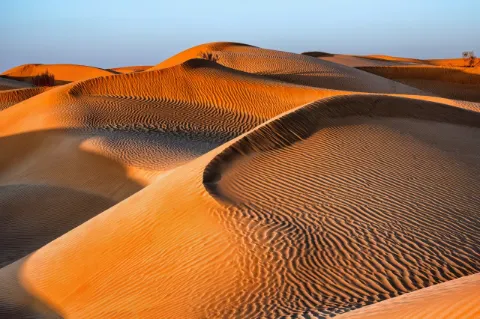 Weite Dünenlandschaft in der Wüste bei Sonnenuntergangsstimmung