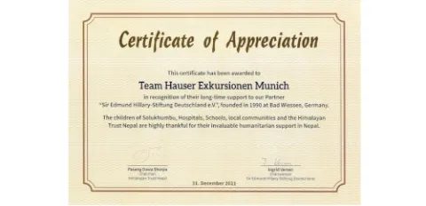 Certificate of Appreciation - in Anerkennung der langjährigen Unterstützung der "Sir Edmund Hillary Siftung-Stiftung Deutschland e.V."