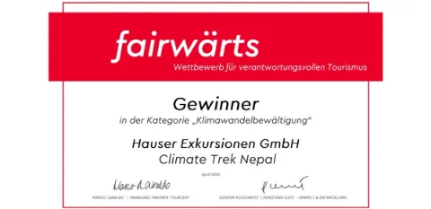 Auszeichnung für den "Climate Trek in Nepal" in der Kategorie Klimawandelbewältigung von fairwärts 