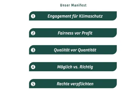Die fünf Leitlinien der Firma sind vor weißem Hintergrund geschrieben.