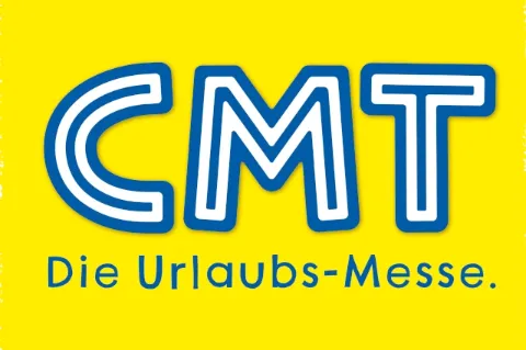 Auf gelben Hintergrund steht in weißer Schrift die Bezeichnung CMT Die Urlaubsmesse.