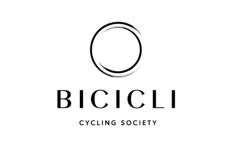 Ein schwarzer Kreis auf weißen Untergrund. Unter dem Kreis steht in schwarzen Buchstaben "Bicicli - Cycling Society".