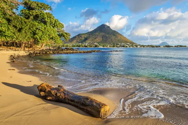 Bucht mit Sandstrand auf dem ein Stamm liegt. Im Hintergrund ist ein Berg zu sehen.