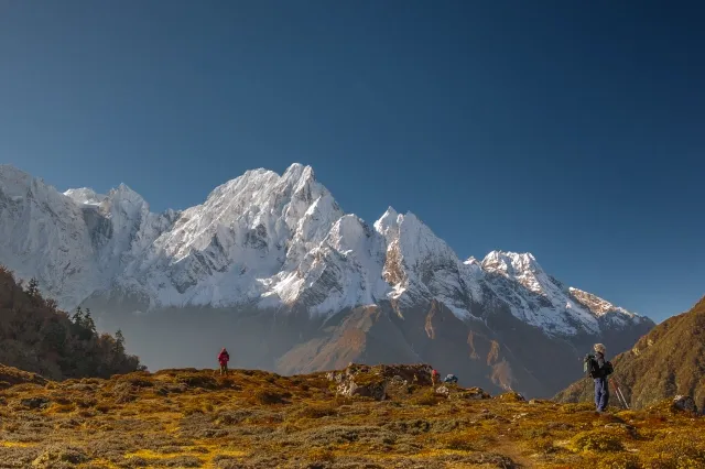 Zwei Wanderer blicken von einem orange-grün bewachsenen Berg auf einen schneebedeckten Berg.