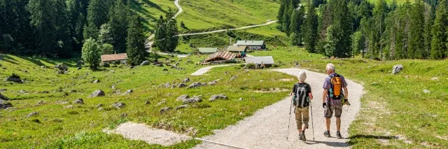 Paar wandert auf einem Forstweg hinab in Richtung Berghütte neben grünen Wiesen und Wäldern