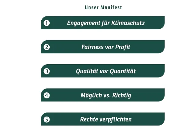 Die fünf Leitlinien der Firma sind vor weißem Hintergrund geschrieben.