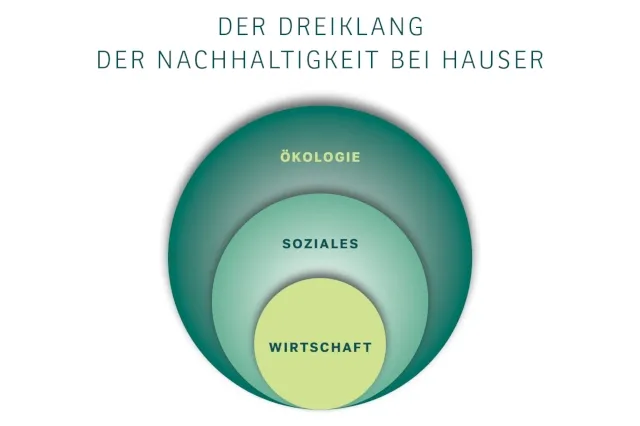 Es sind drei Kreise auf weißem Hintergrund abgebildet. Im äußeren Kreis steht Ökologie, im mittleren Soziales und im inneren Kreis Wirtschaft