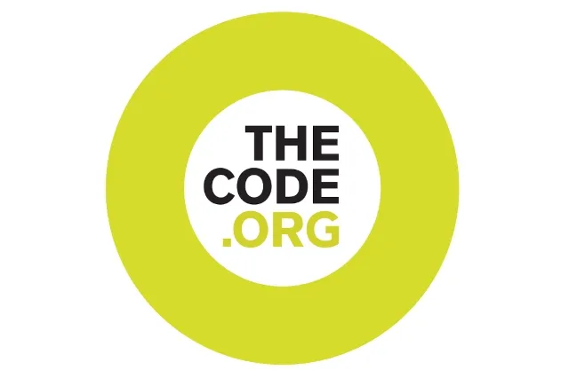 Auf weißem Hintergrund ist ein gelber dicker Kreis abgebildet. im Kreis steht der Namen der Organisation TheCode.org