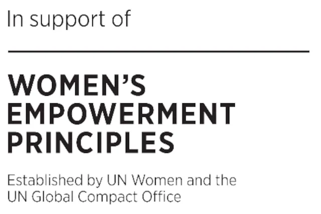 Vor weißem Hintergrund steht "In support of Women's Empowerment Principles. Darunter steht in kleiner "Established by UN Women and the UN Global Compact Office".