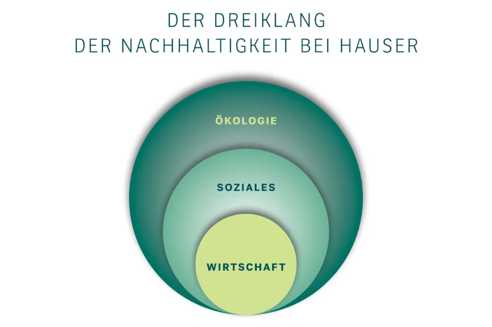 Drei überlappende Kreise in unterschiedlichen Grüntönen mit den jeweiligen Begriffen Wirtschaft, Soziales und Ökologie