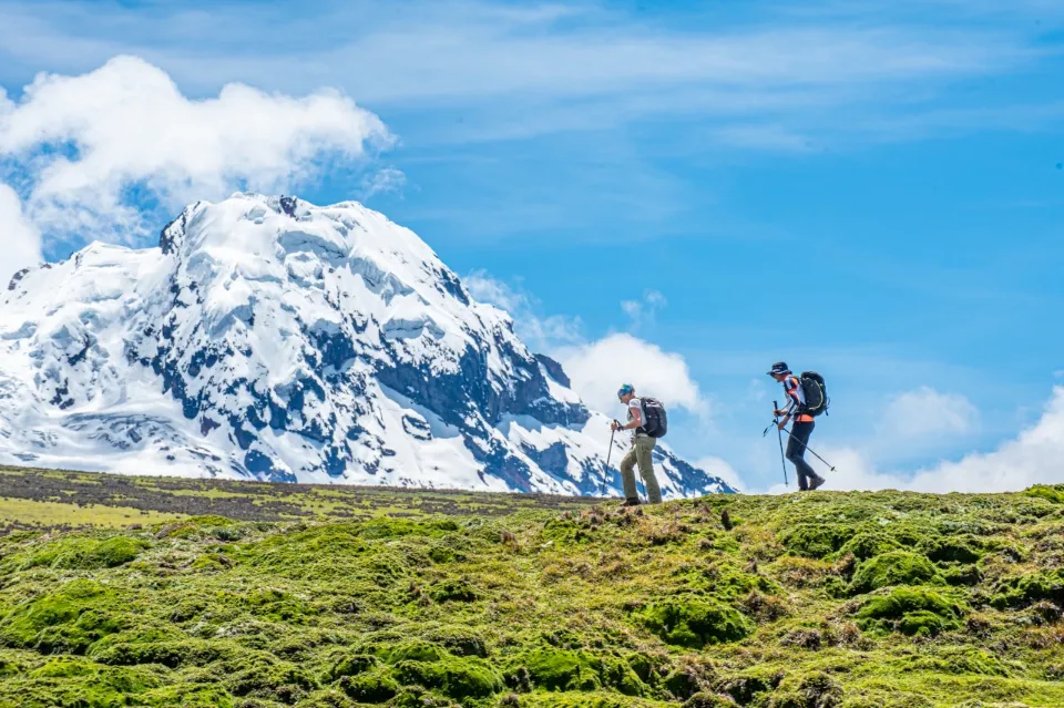 Zwei Wanderer gehen von rechts nach links auf einer Wiese. Im Hintergrund ist ein schneebedeckter Gipfel zu sehen.