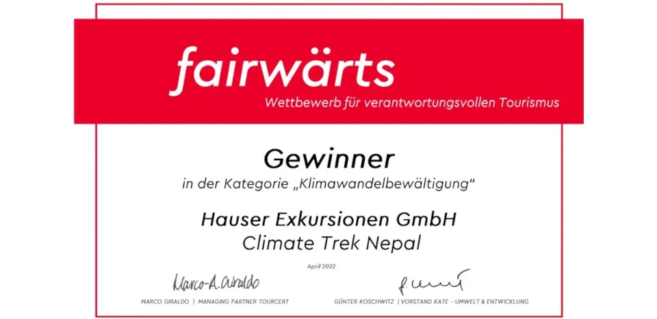 Auszeichnung für den "Climate Trek in Nepal" in der Kategorie Klimawandelbewältigung von fairwärts