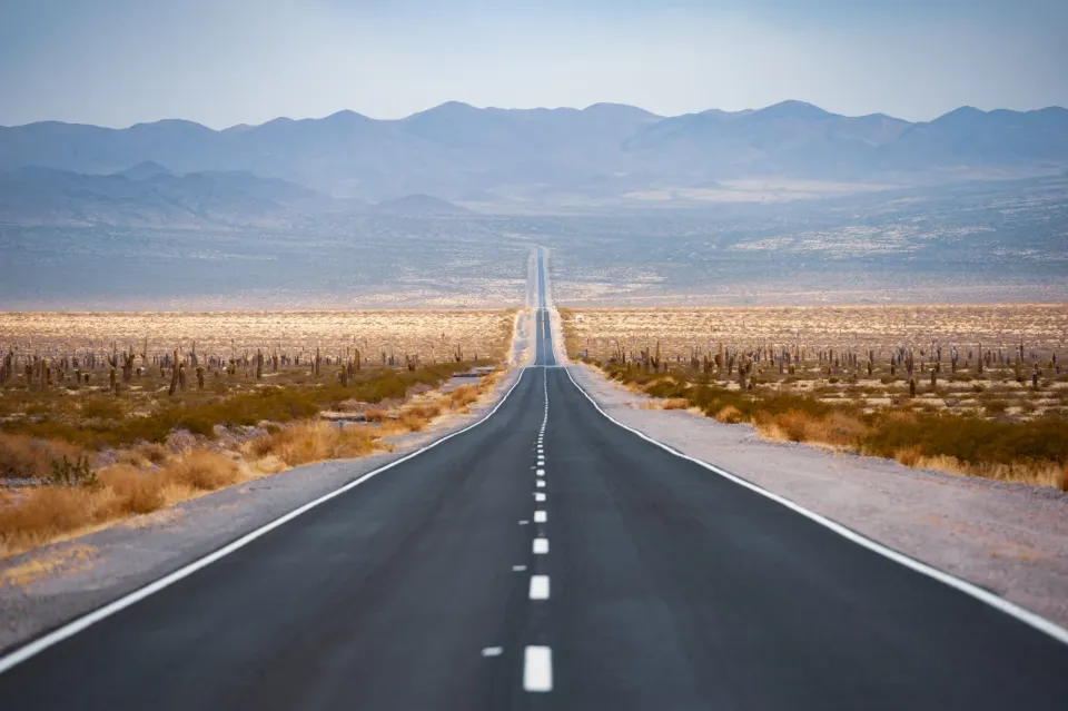 Es führt eine gerade Straße durch eine Wüstenlandschaft bis zum Horizont