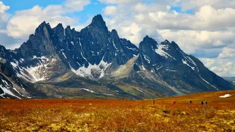 Wandergruppe in einer bergigen Landschaft mit herbstlicher Vegetation.