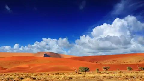 Rote Sanddünen erstrecken sich unter einem weiten blauen Himmel mit dramatischen weißen Wolkenformationen.