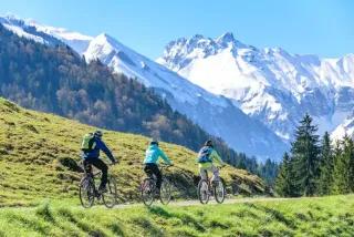 Drei Radfahrer fahren hintereinander auf einer Straße neben einer Wiese und vor hohen Bergen