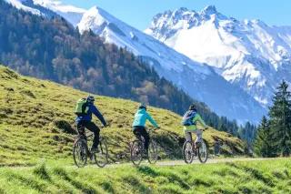Drei Radfahrer fahren hintereinander auf einer Straße neben einer Wiese und vor hohen Bergen