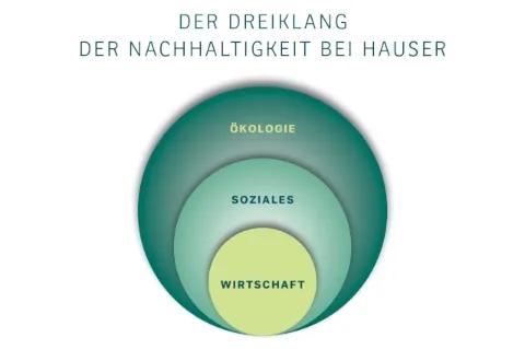 Es sind drei Kreise auf weißem Hintergrund abgebildet. Im äußeren Kreis steht Ökologie, im mittleren Soziales und im inneren Kreis Wirtschaft.