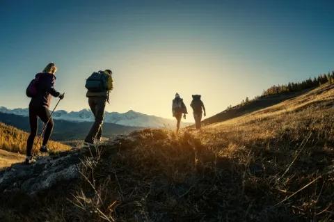 Vier Wanderer gehen einen Hang hoch. Die Sonne am Horizont geht unter und das gelbe Licht strahl die Wanderer an.