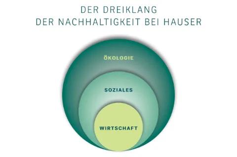 Drei überlappende Kreise in unterschiedlichen Grüntönen mit den jeweiligen Begriffen Wirtschaft, Soziales und Ökologie
