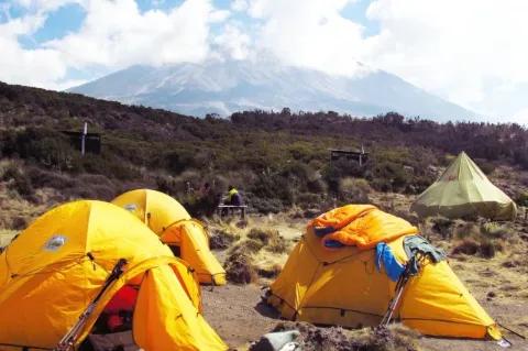 Drei orangene Zelte stehen auf einer Ebene. Im Hintergrund ist der schneebedeckte Berg Kilimanjaro zu sehen.