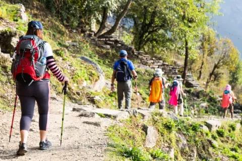Fünf Wandernde mit Wanderstöcken und Rucksäcken gehen hintereinander auf einem schmalen Pfad am Hang.