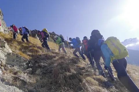 Acht Wanderer mit Tagesrucksäcken steigen hintereinander einen steilen Hang bergauf.