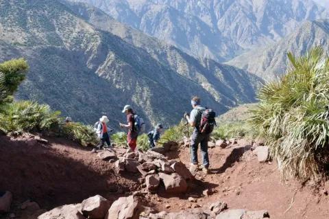 Fünf Wanderer steigen einen Berg auf einem schmalen, steinigen Pfad ab. Die Landschaft ist bergig.