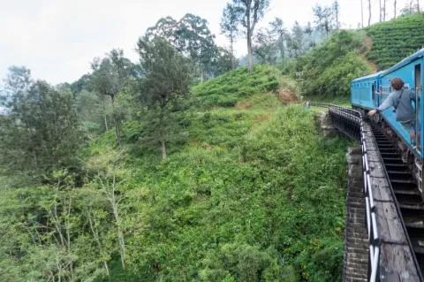 Ein Zug fährt auf eine Kurve zu. Eine Person hängt ich halb aus der Tür. Die Landschaft ist sehr grün.