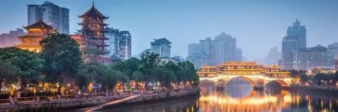 Stadt bei Nacht mit Bäumen am Fluss, beleuchteter Brücke und Wolkenkratzer im Hintergrund