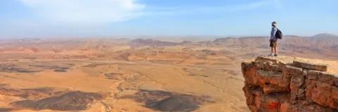 Ein Wanderer steht auf einem Felsvorsprung und schaut in die weite, ockerfarbene Wüste.