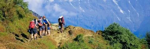 Gruppe aus fünf Wanderern laufen auf einem Grat neben grünen Wiesen und Bergen im Hintergrund