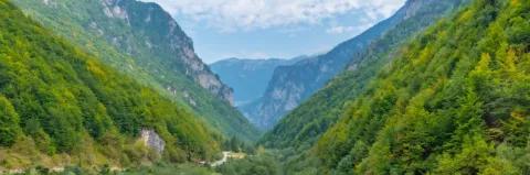 Durch ein grün bewachsenen Tal führt ein schmaler Pfad. Es gibt viele bewaldete Berge.