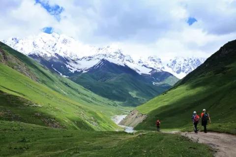 Drei Wanderer gehen auf einem Pfad über eine hügelige Wiesenlandschaft in Richtung einer schneebedeckten Bergkette-