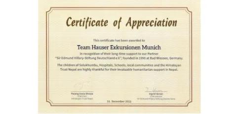 Certificate of Appreciation - in Anerkennung der langjährigen Unterstützung der "Sir Edmund Hillary Siftung-Stiftung Deutschland e.V."
