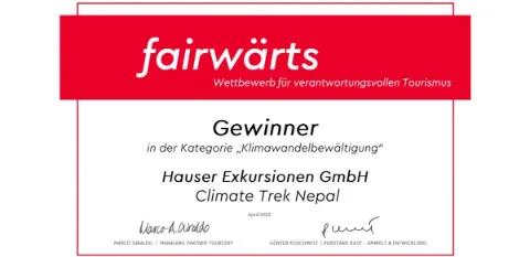 Auszeichnung für den "Climate Trek in Nepal" in der Kategorie Klimawandelbewältigung von fairwärts