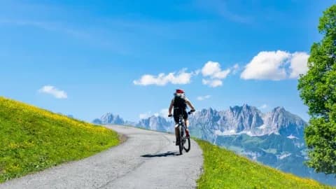Eine Person auf dem Mountainbike fährt eine Teerstraße den Berg hoch. Neben ihm sind grüne Wiesen und über ihm ein strahlend blauer Himmel. Im Hintergrund sieht man Berge.