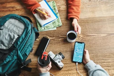 ein Tisch von oben mit Blick auf die Hände zweier Menschen. Auf dem Tisch liegen ein Handy, ein Rucksack, eine Kaffeetasse, ein Thermobecher, eine Karte und eine Kamera