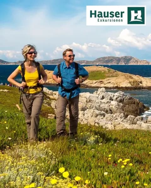 An einer Küste stehen eine Wanderin und ein Wanderer auf einer Wiese mit Löwenzahn.